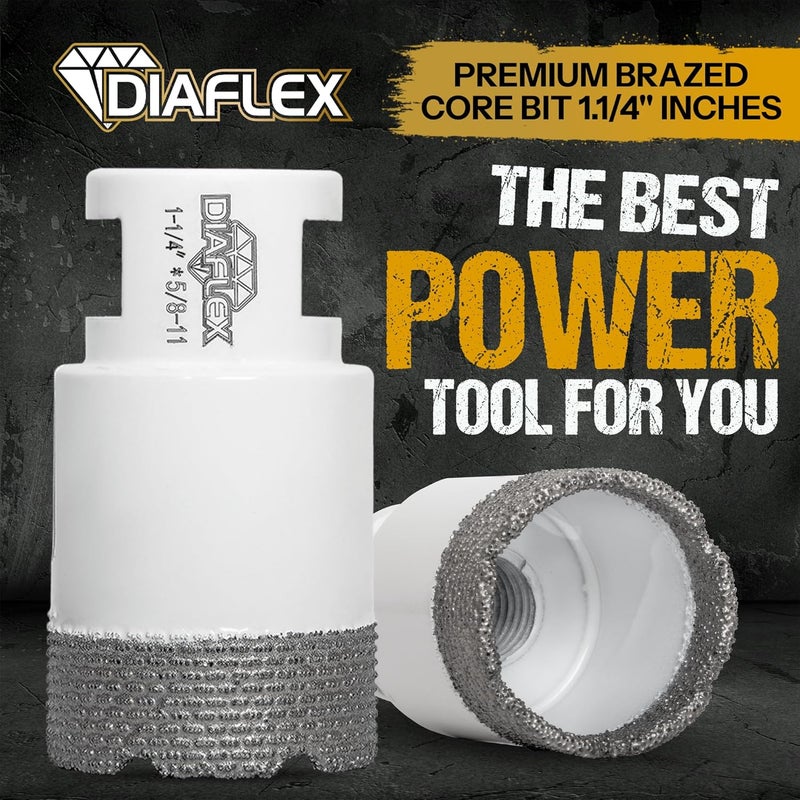 DIAFLEX Premium Brazed Core Bit – 1-1/4" Diamond Hole Saw for Porcelain, Ceramic, Stone, Dekton – 5/8"-11 Thread – Fast Clean Cuts – Vacuum Brazed – Wet or Dry Use - Image 2